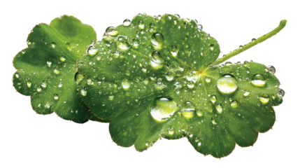 Close-up of dew drops on a green leaf in morning sunlight