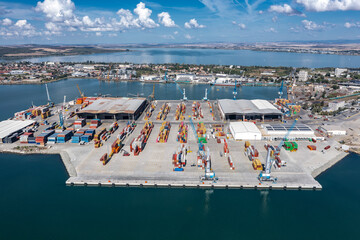 Naklejka premium Aerial view to new container unloading terminal of port of Burgas, Bulgaria. Logistics and transport 