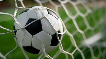 Close-up of a soccer ball scoring a goal in a net with blurred green background