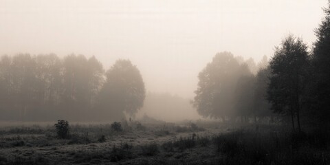 Obraz premium Mist-covered trees create a serene, sepia-toned landscape in the tranquil morning.