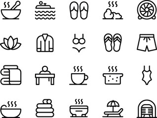 Spa and wellness icon set, relaxation and leisure symbols, sauna, hot tub, swimwear, towels, tea, massage, vector illustration, black and white