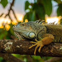 Fototapeta premium A large iguana rests serenely on a branch, bathed in the soft light of a tropical sunset, showcasing its intricate scales and striking color palette.