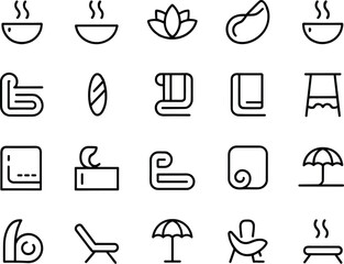 Spa, wellness, relaxation, lounge chair, beach umbrella, hot tub, jacuzzi, towels, lotus, steam bowl, armchair, leaf, tissue box, blueprint, menu, towel rack, vector illustration