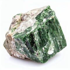 Ethereal verdant mineral specimen with crystalline structure, showcased on white background