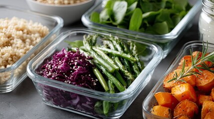 Healthy Meal Prep: Flat Lay of Grains Greens and Vegetables in Glass Containers