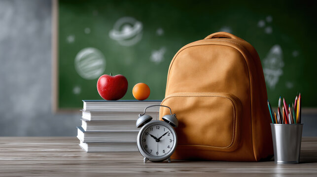 Back to school supplies including yellow backpack stack of books apple orange clock colored pencils classroom chalkboard cheerful mood
