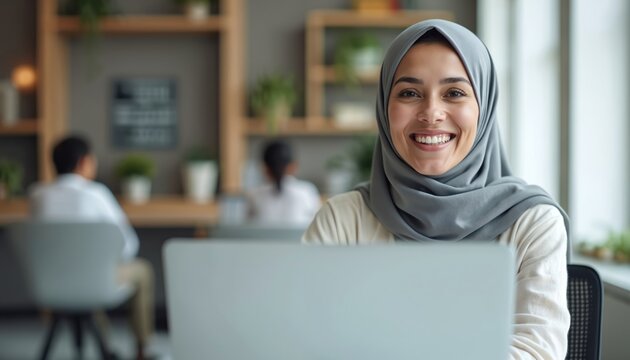 Smiling Arabic teacher in hijab leads online class. Engaged multicultural students learn via e-learning platform. Modern education focused on pedagogy, diverse cultures promotes global knowledge - Powered by Adobe