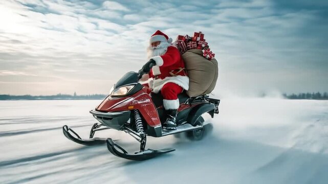 Santa Claus speeds across snowy landscape on snowmobile, delivering gifts Christmas eve. Festive winter scene conveying holiday spirit and urgency