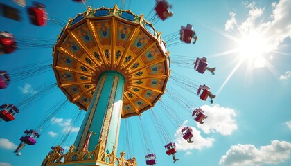 Colorful amusement park swing ride with gondolas in motion against bright blue sky with sun flares, clouds. Vibrant scene captures exhilarating experience of carousel attraction, perfect for themes