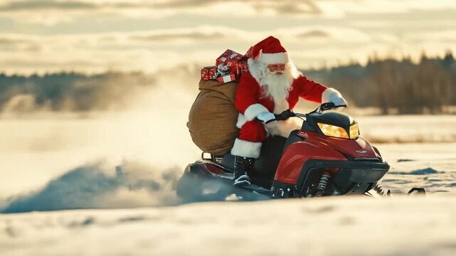 Santa Claus on snowmobile, delivering gifts across snowy landscape at sunset.  A festive, winter journey conveying Christmas spirit and gift-giving tradition