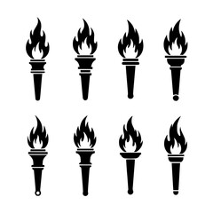 A set of eight distinct black silhouette torch icons, each featuring a stylized flame, presented isolated on a transparent background.