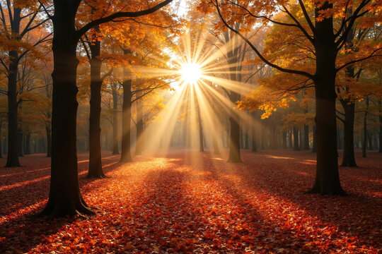 A serene forest scene with sun rays filtering through vibrant autumn leaves, casting a warm glow on the leaf-covered ground, surrounded by tall trees with orange and yellow foliage.