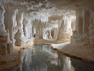 White Salt Cave Formation with Dripping Water and Reflective Pool