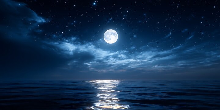 Serene moonlight reflecting on calm ocean waters under a cloudy night sky