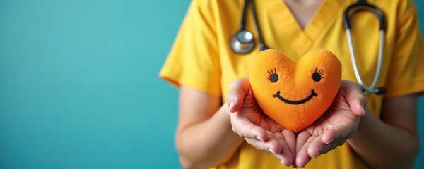 Medical pro in yellow scrubs holds plush orange heart with smiling face. Stethoscope visible around neck. Represents healthcare, compassion, kindness in medical practice. Background is bright blue.