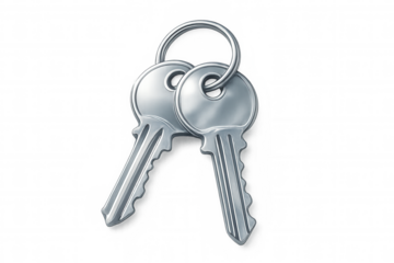 Metal keys hanging on ring against transparent backdrop, representing security, access, property concepts in graphic design and digital compositions