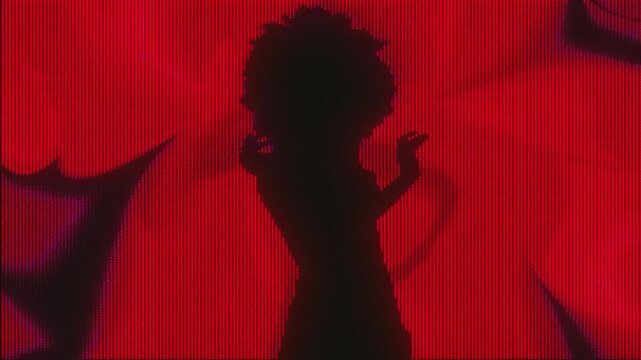 4K Afro woman silhouette dancing over red abstract floral concert visual, silhouette of a dancing woman with afro hair in front of red flower background