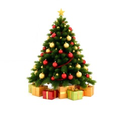 Christmas tree with ornaments and gift boxes isolated on white background.