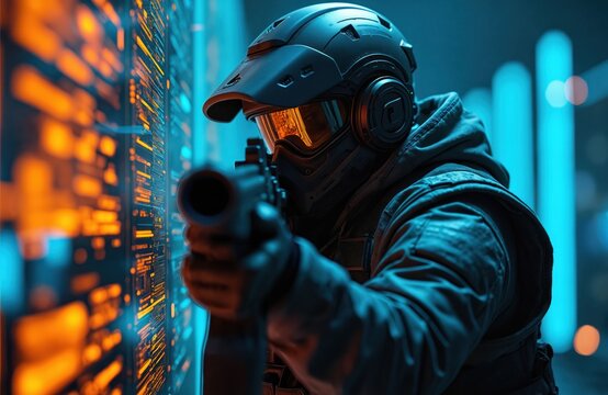 Futuristic soldier in tactical gear holds gun aiming at digital interface. Advanced military operative with helmet, headset, and weapon targets glowing screen displaying data. - Powered by Adobe