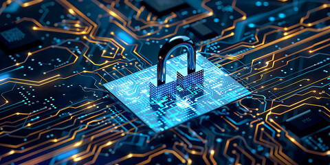 Digital Security Concept with Open Padlock on Circuit Board