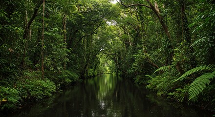 Obraz premium Lush Jungle River, Verdant Canopy, Serene Reflection