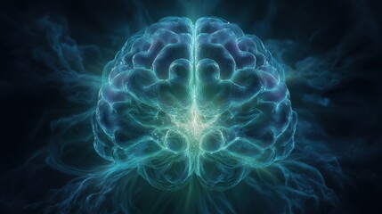 Obraz premium Innergize Day. Scientific illustration of human brain in deep relaxation mode, neural pathways glowing softly, calm blue and green tones, energy renewal and mental health concept