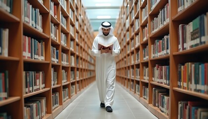 Saudi Arabian man wearing traditional white thawb walks through library, reading book. Rows of bookshelves filled with literature surround. Focus on learning, intellectual pursuit in Middle Eastern