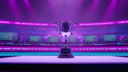 Achievement Unlocked: Victory in the digital arena. Glowing ambiance, esports arena, winner's stage, esports event. Trophy under the neon lights.