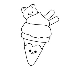Cartoon ice cream cat vector line art outline illustration.
