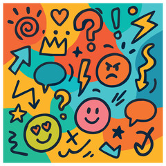 Whimsical doodle explosion vector art: playful, colorful, fun expressions for creative designs