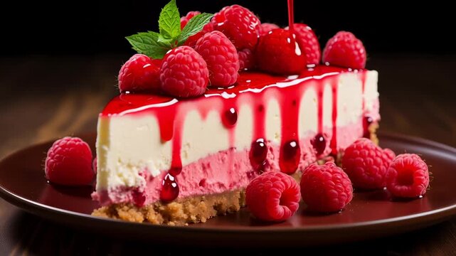 Luxurious layered cheesecake featuring delicate white and pink textures, adorned with vibrant fresh raspberries and a single mint leaf. Rich berry sauce elegantly drizzled across dark wooden surface