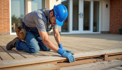 Worker installs composite decking boards on backyard terrace. Home improvement project using wood plastic composite material for patio construction. Carpenter uses tools for floor installation,