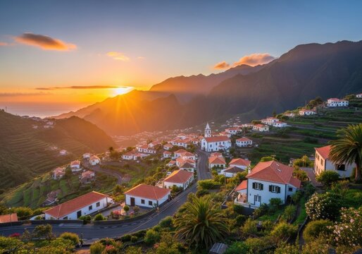 Picturesque village nestled in mountains at sunset, Madeira Island