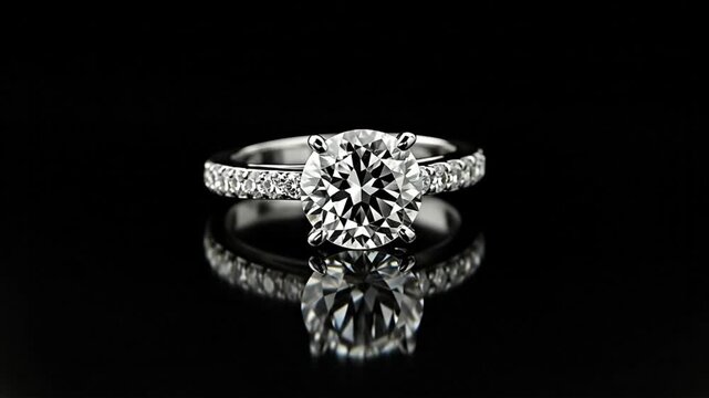 A diamond ring with a large stone is set against a dark reflective background