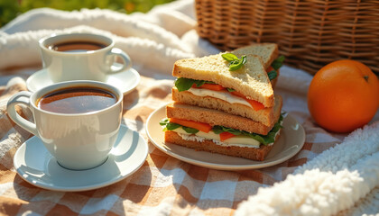 Enjoying cozy outdoor picnic with delicious sandwiches, fresh coffee on checkered blanket. Sunlight, vibrant colors create warm, inviting atmosphere perfect for food lovers sharing delightful moment.