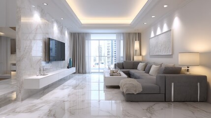Luxurious modern living room with marble floors, large grey sectional, and city views