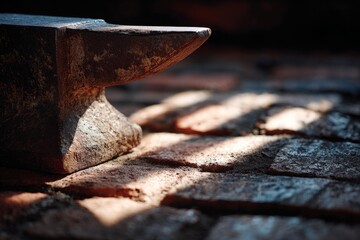 Anvil on a brick surface with dramatic lighting.