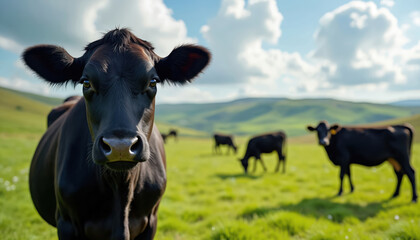 Curious black cow stands in green pasture under bright blue sky with soft white clouds. Cows graze peacefully in background across rolling hills, suggesting tranquil farm rural landscape.