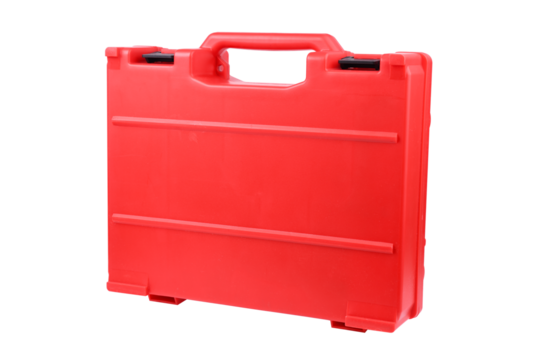 Red tool case designed for storing and transporting equipment isolated on white background.