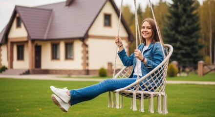 Woman Enjoys Leisure Time on Swing in Front of Suburban Residence