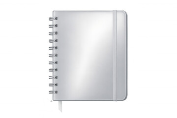 Silver spiral-bound notebook featuring elastic closure, resting on transparent backdrop, supporting creative workspace