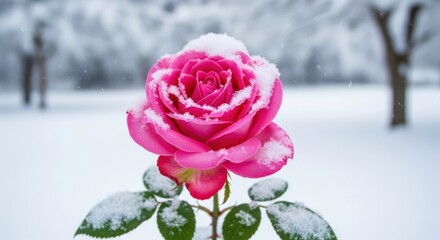 Beautiful Pink Rose Blooming in Winter Season Covered with Snowfall