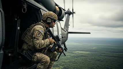 A brave and focused soldier in full combat gear sits in the open door of a helicopter with his rifle ready during a military mission over a dense jungle

 - Powered by Adobe