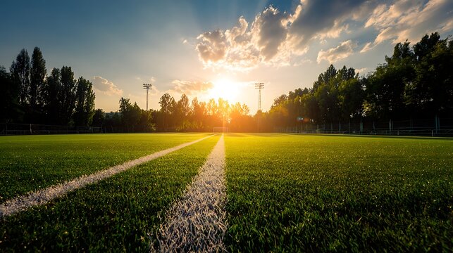 Professional soccer field bathed in golden sunset light with lush green grass and trees