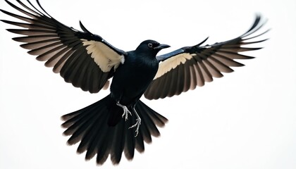 Fototapeta premium Magpie illustration shows black-and-white plumage in sharp detail against plain white background. Bird captured in mid-flight, wings spread wide distinct feather patterns, taloned feet. Art ideal for