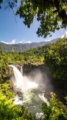 Fototapeta premium A breathtaking waterfall cascading down a rocky cliff face in a lush, tropical setting.