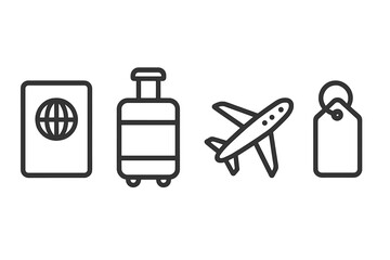 Travel icons: passport, suitcase, airplane, luggage tag for journeys