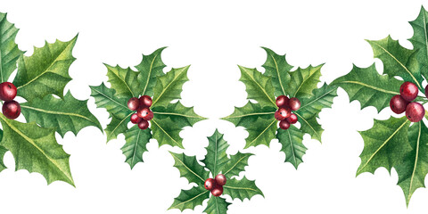 Set of bright watercolor mistletoe and holly berry illustrations. Collection of watercolour Christmas tree branches, leaves and berries for New Year greeting cards and banner decor