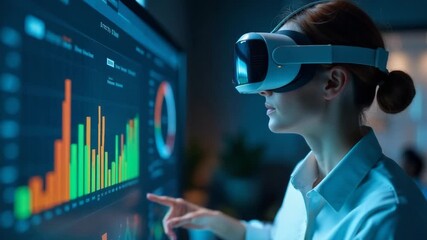 A person wearing a virtual reality headset analyzing data on a chart - Powered by Adobe