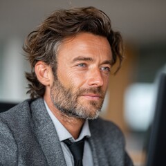 Fototapeta premium Man in suit outdoors, looking thoughtful and confident.